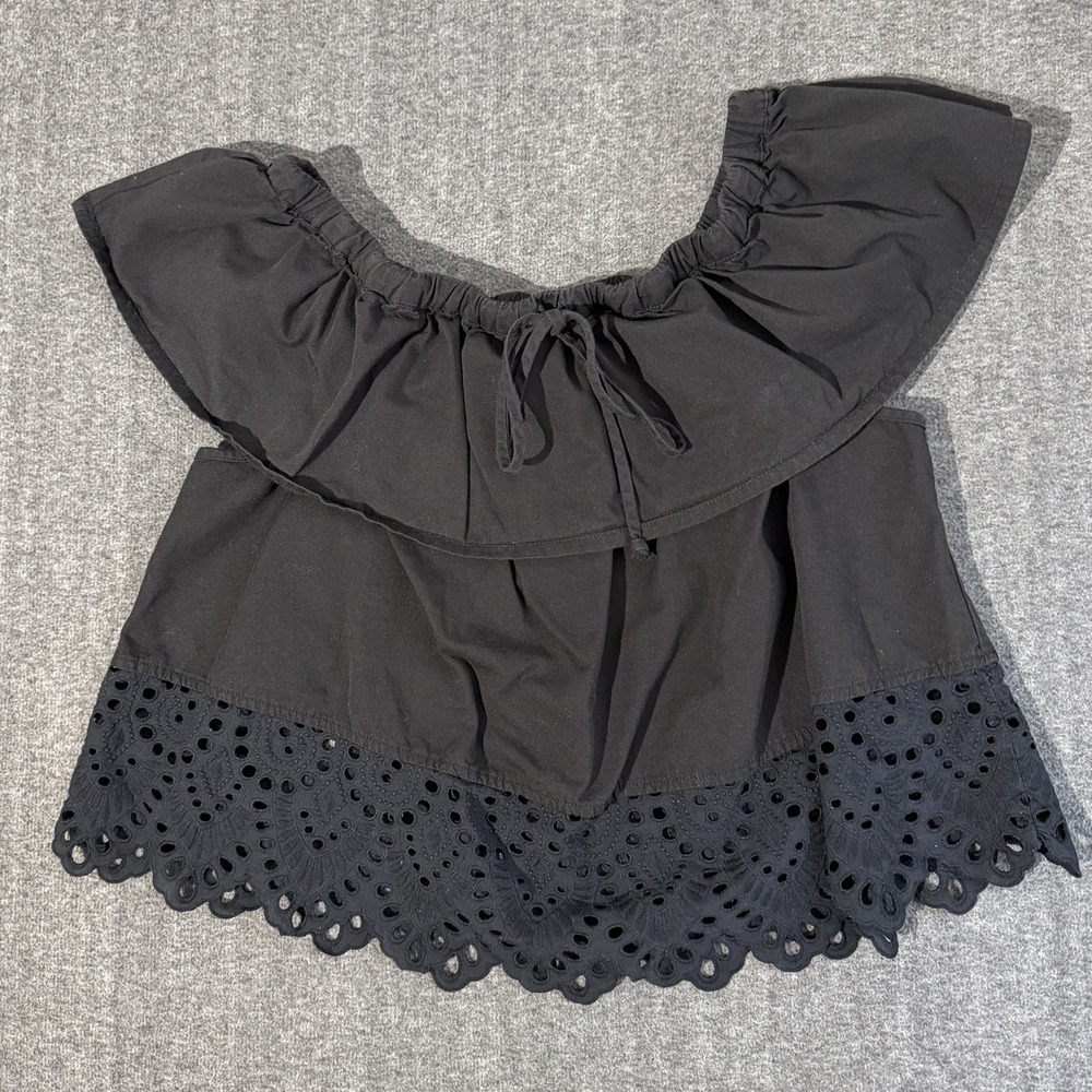 Madewell‎ Eyelet Off-the-Shoulder Ruffled Short Sleeve Top in Black Size Large